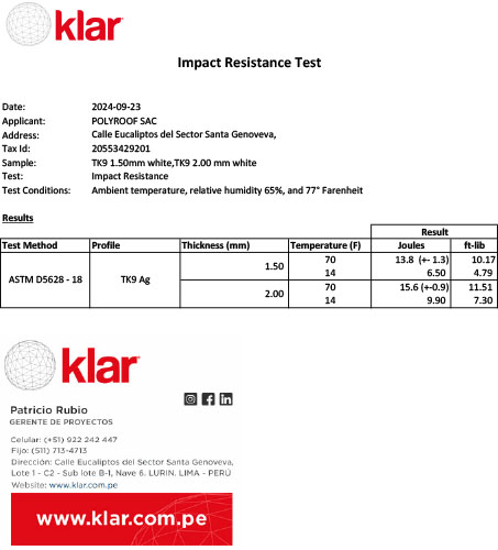 KLAR Impact Resistance Test Results