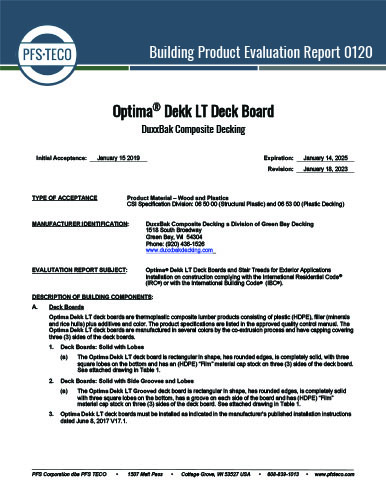 OPTIMA® Dekk LT – Building Product Evaluation Report 0120