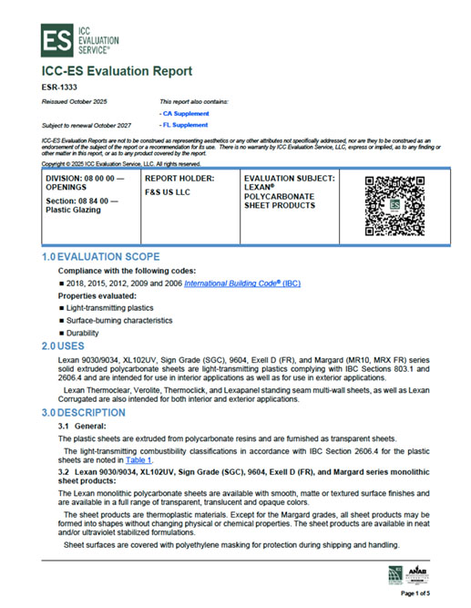ICC-ES Evaluation Report - Lexan Polycarbonate Sheets